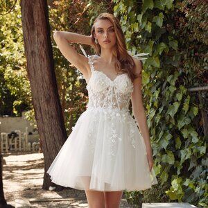 New Mini Off White Wedding Dress w/ Sweetheart Neck & Sequins Embroidery JT972LW